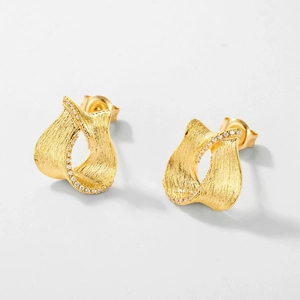 Minimalist vintage brushed gold S925 silver earrings with twisted design and crystals