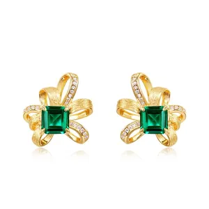 Vintage 925 Sterling Silver Lab-Grown Emerald Bow Stud Earrings Brushed Gold Plated Geometric Ribbon Luxury Jewelry For Women