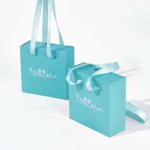 Elegant Tiffany Blue Drawer Jewelry Box With Ribbon Handle Portable Gift Packaging Box For Ring Necklace Earring Storage Valentine Day Gift