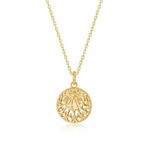 925 Sterling Silver Hollow Leaf Pendant Necklace For Women Gold Plated Round Geometric Sunburst Charm Minimalist Jewelry Gift