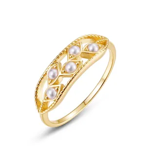 Hollow Leaf Artificial Pearl Ring S925 Sterling Silver Gold Plated Retro Adjustable Open Finger Rings For Women Vintage Elegant