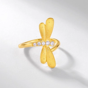Creative gold dragonfly ring with brushed texture wings and white crystal inlay