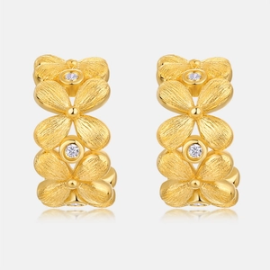 Handcrafted brushed gold S925 silver double flower earrings with white zircon stones