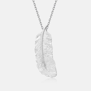 S925 sterling silver feather pendant necklace with brushed texture on minimalist chain