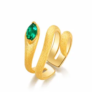 Bague serpent vintage en argent S925 doré avec émeraude marquise et fini brossé
