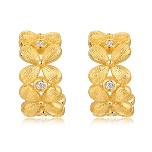 Handcrafted brushed gold flower hoop earrings in S925 silver with sparkling crystals