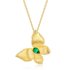Collier papillon en or brossé avec pierre émeraude et cristaux étincelants