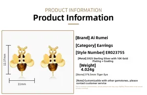 Détails des boucles d'oreilles abeille en argent S925, plaqué or 10K et pierre œil de tigre