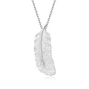 S925 Sterling silver feather leaf pendant necklace with brushed texture and link chain