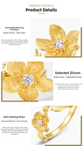 Macro detail of brushed gold flower earring with S925 silver and cubic zirconia