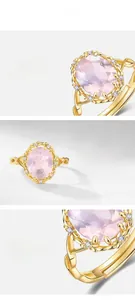 Macro detail of natural pink crystal ring with multilayer gold plating and micro-inlays