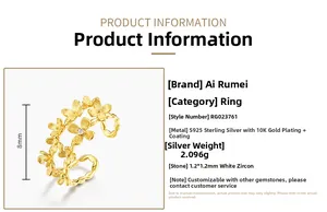 Détail de la bague fleur ajustable en argent S925 avec dimensions et spécifications