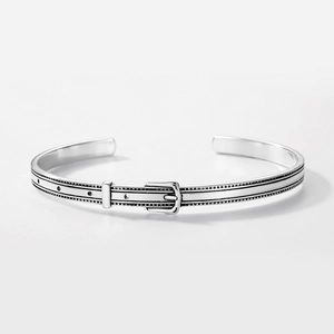 Polished S925 sterling silver belt buckle cuff bracelet with vintage textured detailing