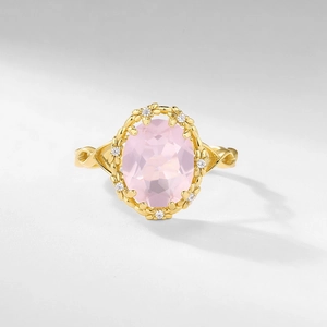 S925 silver gold-plated ring featuring an oval pink crystal and floral petal design