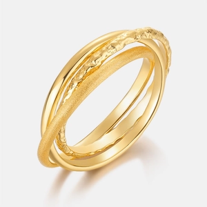 Three-band S925 sterling silver ring with intertwined polished, hammered, and frosted finishes