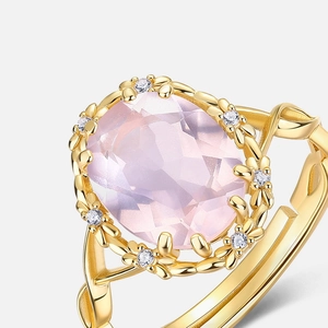 S925 silver gold plated ring with large oval pink crystal and floral halo setting