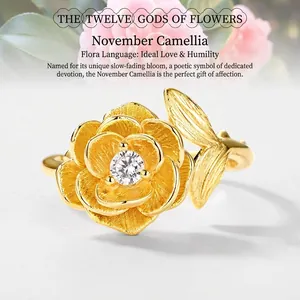 Bague Camélia en Argent Sterling 925 pour Femme Texture Brossée Zirconia Incrusté Plaqué Or Vintage Floral Ouvert Ajustable