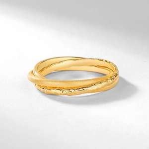 S925 sterling silver triple-layered ring with polished, frosted, and hammered textures
