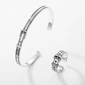 S925 sterling silver belt buckle open bangle and ring set with retro floral engraving