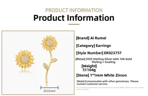 Detailed view of handmade sunflower earrings in S925 silver with 10K gold finish
