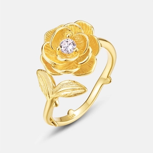 Bague camélia rétro en argent S925 doré avec pierre violette et anneau tige de vigne