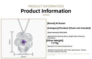 Macro view of 925 sterling silver flower pendant with purple zircon and dimensions