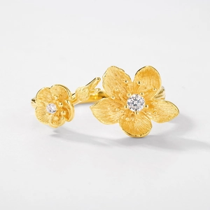 French vintage S925 silver golden brushed cherry blossom ring with sparkling zircon stones