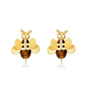 Boucles d'Oreilles Abeille en Argent Sterling 925 Avec Pierre Oeil de Tigre Naturelle Bijoux Insectes Brossés à la Main
