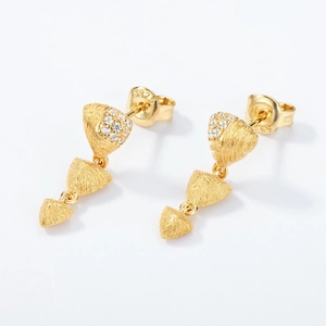 S925 silver tassel drop earrings with brushed gold finish and sparkling zircon stones