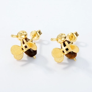 Boucles d'oreilles abeille en argent S925 avec perles en pierre d'oeil de tigre naturelle