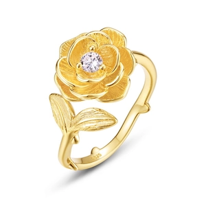 Bague camélia rétro en argent S925 plaqué or avec centre en oxyde de zirconium