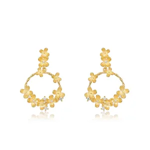 Vintage 925 Sterling Silver Flower Earrings Ring Set Handmade Brushed Gold Plated Osmanthus Zirconia Inlaid Fine Jewelry For Women