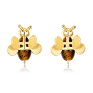Boucles d'oreilles abeille en argent S925 avec finition dorée brossée et pierre œil de tigre