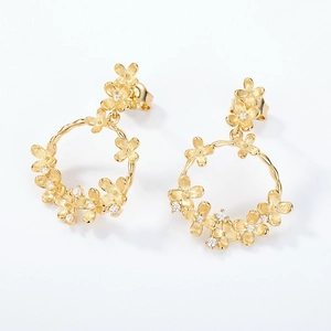 Golden brushed S925 silver osmanthus flower hoop earrings with sparkling white zircons