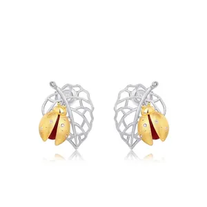 S925 Sterling Silver Ladybug Leaf Stud Earrings With South Red Agate Rhinestone Inlaid Handmade Sanding Jewelry For Women