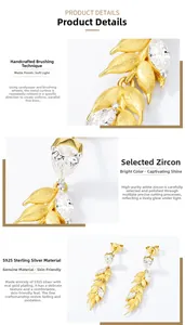 Detailed macro of S925 sterling silver gold-plated wheat ear earrings with brushed finish