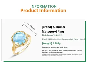 Détail de la bague en topaze bleue de 10 mm en argent S925 avec finition en or champagne