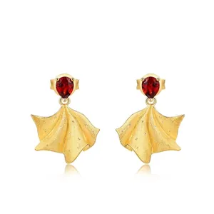 Boucles d'Oreilles en Argent Sterling 925 et Grenat Vintage Français Plaqué Or Feuille de Ginkgo Éventail Mat Brossé Bijoux Femme