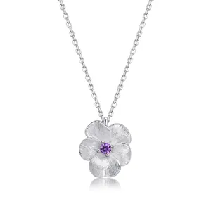 Vintage 925 Sterling Silver Purple Zirconia Flower Pendant Necklace Handmade Brushed Floral Charm Necklace For Women Jewelry