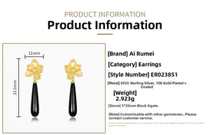 Detail of floral S925 silver earrings with black onyx teardrops and gold dimensions
