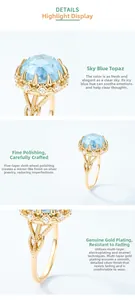 Vues détaillées de la bague en argent plaqué or sertie d'une topaze bleu ciel