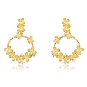 S925 silver brushed gold osmanthus flower drop earrings with sparkling zircon accents