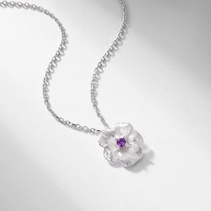Vintage 925 silver flower necklace with brushed texture and purple zircon stone