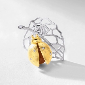 S925 silver gold-plated ladybug and leaf stud earrings with matte texture and zircons