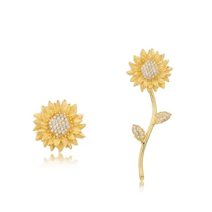 Handmade Brushed Sunflower 925 Sterling Silver Earrings Gold Plated Asymmetric Zirconia Flower Stud Jewelry For Women