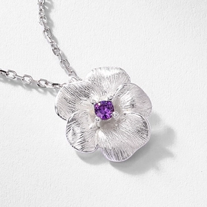 Retro handmade 925 sterling silver flower necklace with purple zircon and brushed metal finish