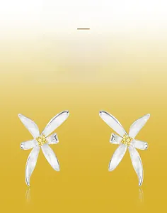 Detailed view of handmade brushed S925 silver butterfly earrings with yellow zircon stone
