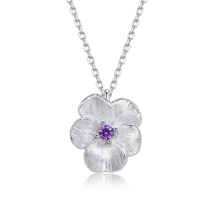 Handcrafted brushed silver necklace featuring a 3D flower pendant with purple zircon