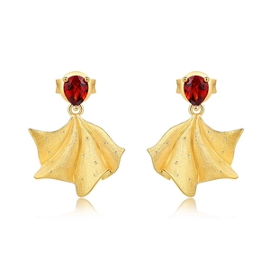 Boucles d'oreilles rétro françaises en forme de feuille de ginkgo dorée et grenats