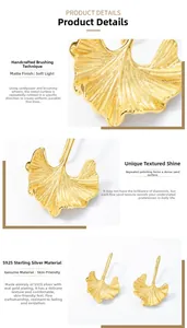 Detailed view of S925 sterling silver ginkgo leaf earrings with gold plated brushed texture